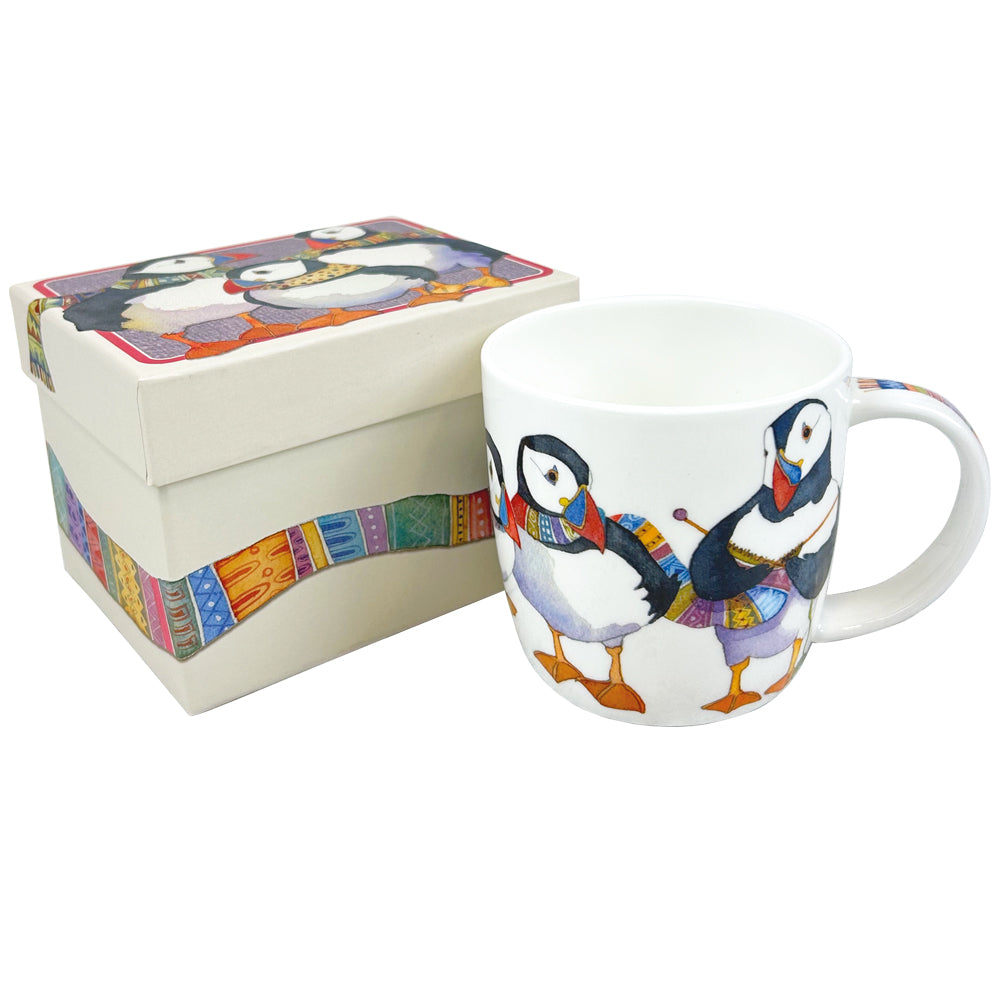 Knitting Puffins Bone China Mug with Gift Box