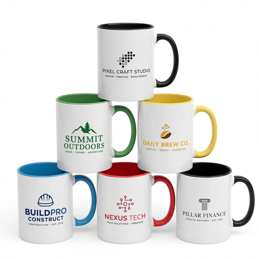 White ceramic mug with coloured handle and interior featuring your logo, ideal for branding and gifts